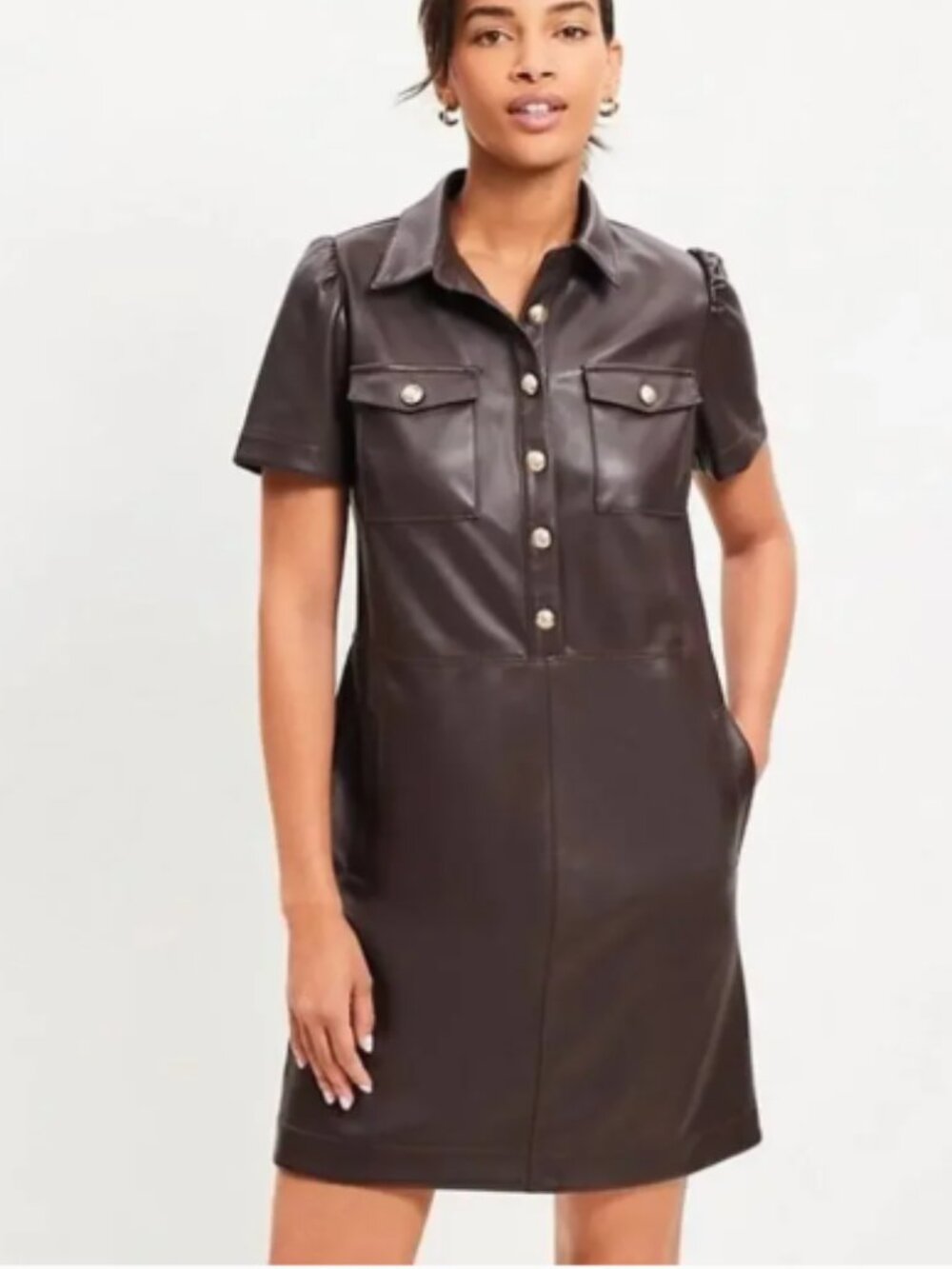 Loft Brown Faux Leather Mini Shift Dress Button Accents Short Sleeve
